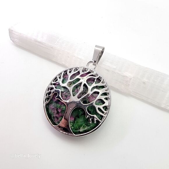 Ruby in Fuchsite Wrap Tibetan Silver Toned Round Tree of Life Pendant 1.5" - Picture 1 of 3